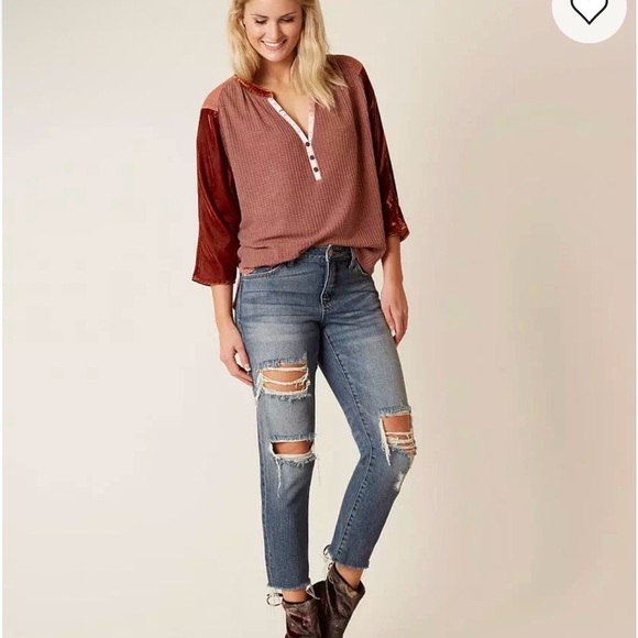 Gimmicks Waffle Knit Henley Top XS Velvet Sleeve Boho - Picture 7 of 7